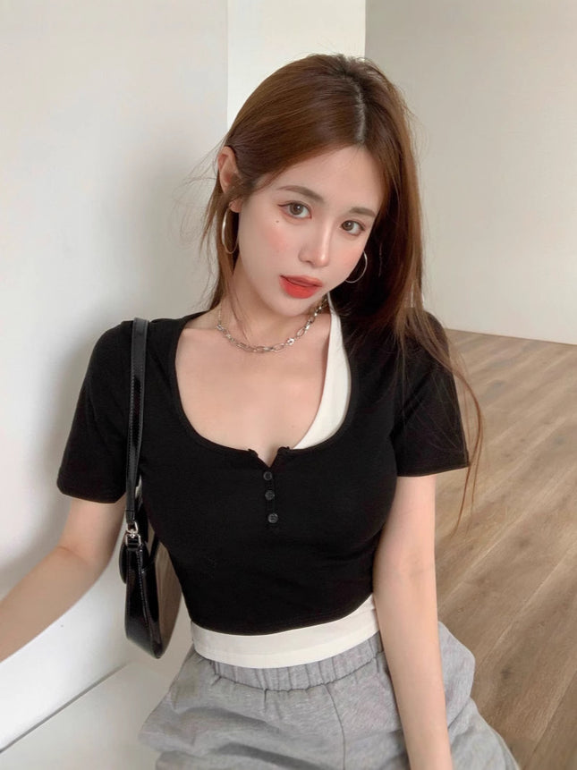 92% Rayon 8% Spandex Summer New Style Spicy Girl Fake Two-Piece Short-Sleeve T-Shirt for Women, Niche Slim Fit Bm Short Crop Top