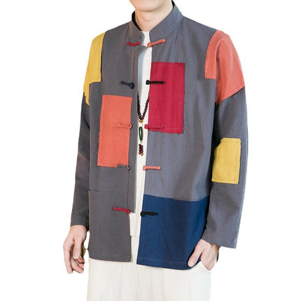 Cotton and Linen Spring 2022 Chinese Style Men's Clothing Stitching Vertical Collar Button Retro National Fashion Tang Suit Hanfu Jacket Coat