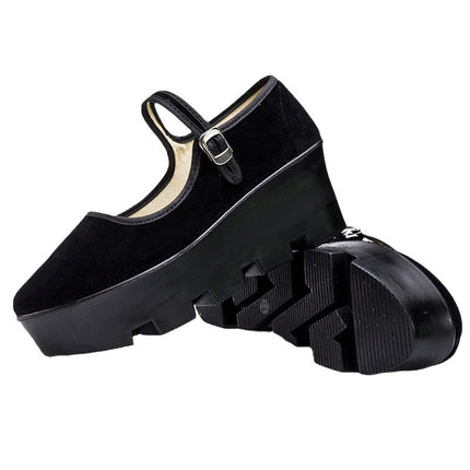 Women's Cloth Shoes, Platform Thick-Soled Flat Shallow-Mouth Hotel Work Shoes, Dance Shoes, Wedge Heel, Black, Breathable and Lightweight