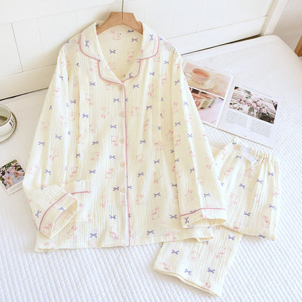 Women's Crepe Lapel Pajamas suit Pregnant Women's Four Seasons Long Sleeve Trousers Cotton Double Gauze Outer Wear Home Wear