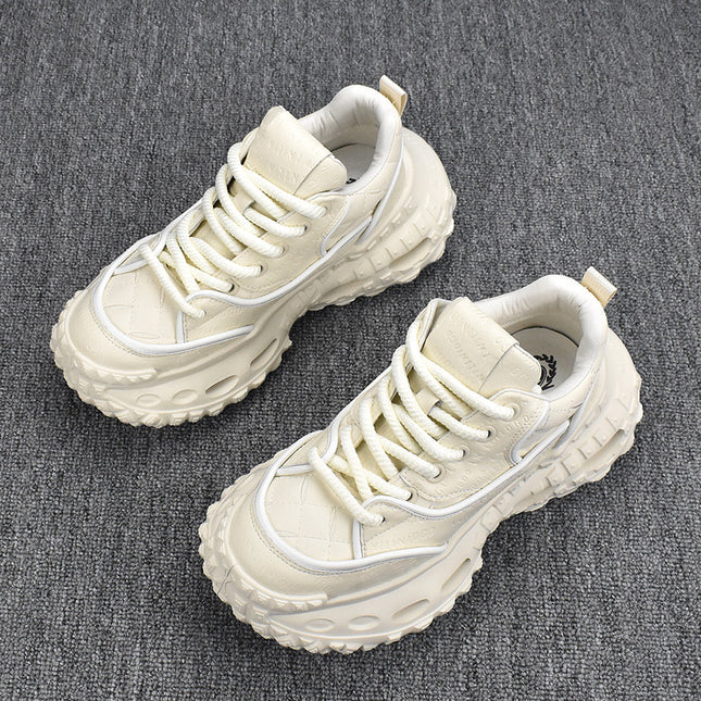 Korean Style Breathable 2025 Spring Low-Top Men's Sneakers White Leather New Versatile Thick-Soled Casual Trend