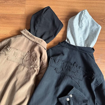 American Style Retro Fake Two-piece Design Sense Hooded Jacket Men's Spring New Fashion Brand cleanfit Short Jacket Top