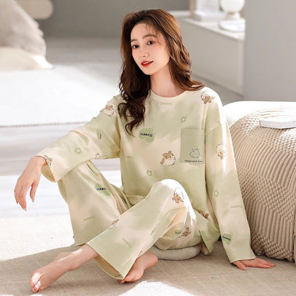 Cute Style Pajamas Women's Spring and Autumn New Cotton Round Neck Long Sleeve Trousers Korean Style Girl's Student Home Clothes suit