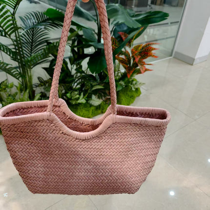 New French Style Leather Woven Bag Retro Top Layer Cowhide Vegetable Basket Ins Hot Selling Handmade Tote Bag for Spring and Summer