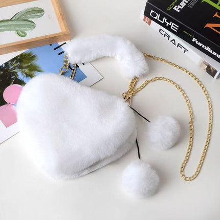Autumn and Winter Portable Heart Plush Bag, Fashionable Chain Crossbody Plush Bag, Peach Heart Bag, Popular Fur Trendy Style for Women