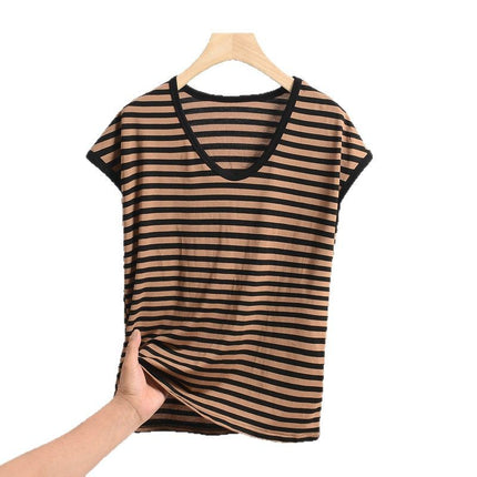 Cross-border Loose plus size Modal Sleeveless Round Neck Striped T-shirt Summer Thin Loose Slimming Casual Base Shirt