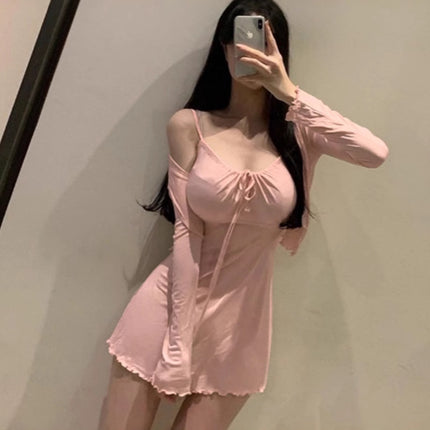 Korean Dongdaemun Gentle and Sexy Little Woman Comfortable Thin Cardigan + Waist-Cinching Figure-Flattering Ruffle Strap Dress