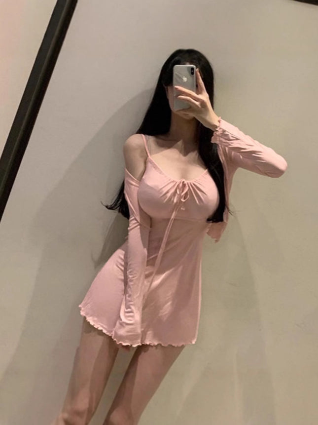 Korean Dongdaemun Gentle and Sexy Little Woman Comfortable Thin Cardigan + Waist-Cinching Figure-Flattering Ruffle Strap Dress