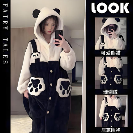 2025 Cartoon Strap Panda Pajamas Women's Winter Coral Velvet Thickened Pajamas Cute Girls Home Clothes Set