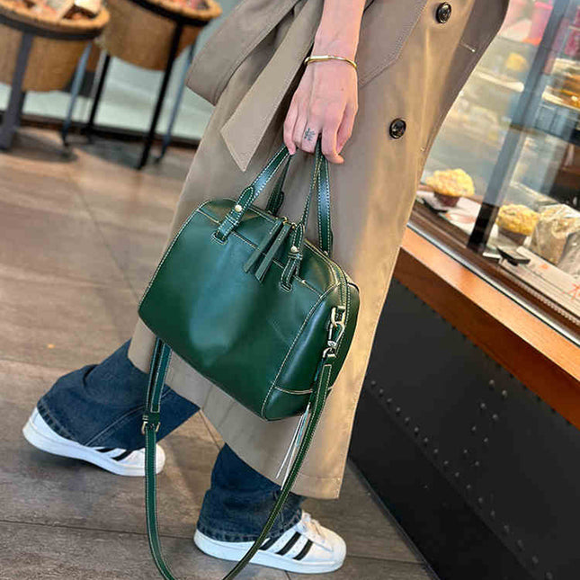 Elegant Women's New Genuine Leather Boston Pillow Bag Women's Crossbody Bag Texted Western Style Vegetable Tanning Top Layer Cowhide Women's Bag