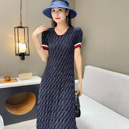 Miyake pleated 2025 summer new temperament round neck printed pleated skirt fashion waist thin magic dress
