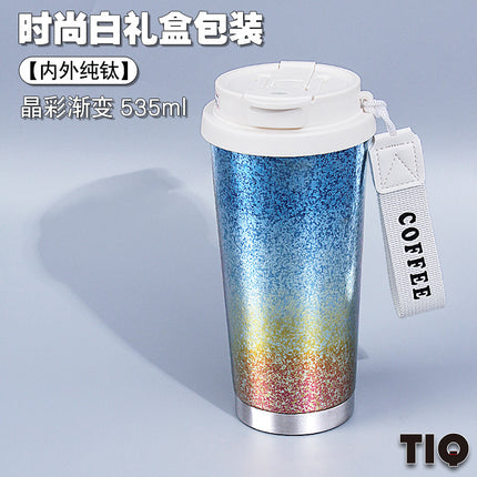 Pure Titanium Insulated Cup with Strap, Coffee Cup, Car-Mounted One-Handed Opening Lid, Antibacterial and Fresh-Keeping Titanium Cup, Fully Titanium Car-Mounted Portable