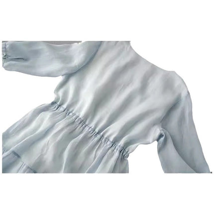 Drawstring dress Loose Artistic Slimming Mid-length Organ Pleated Blue Mori Base Skirt Elegant Fairy Skirt for Summer