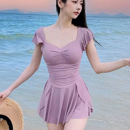 New Swimsuit Women's One-Piece Skirt Style Simple Pure Lust Style Conservative Slim Dress Hot Spring Fashion Vacation Swimsuit