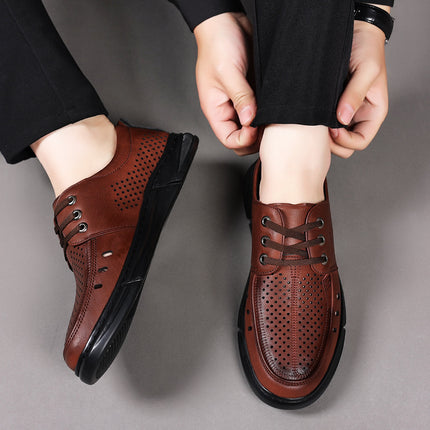 Summer Business Casual Leather Shoes for Men, Hollow Breathable Sandals, Lace-Up Professional Work Shoes, Flat Driving Shoes, Clogs