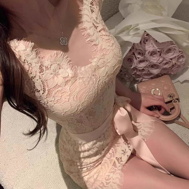 French-Style Socialite Lace Short-Sleeved Dress for Women Summer New Sexy Waist Slimming Pure Lust Hip-Hugging Short Skirt