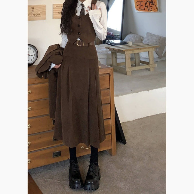 Korean Style Retro Chic College Style Suit Jacket Vest Shirt High Waist A- Line Skirt suit Autumn and Winter New