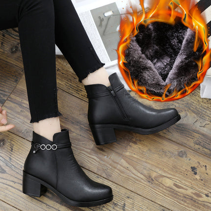 Middle Heel Winter fleece-lined Warm Cotton Shoes Middle-aged and Elderly Mother Shoes Short Boots Middle-aged Women's Shoes Autumn and Winter Winter Shoes Non-slip Leather Shoes
