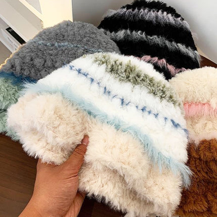 Winter color matching Korean style women's striped face-looking plush warm knitted wool hat big head circumference ear protection pile hat