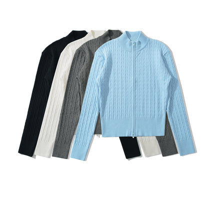 Foreign Trade 2026 Spring European and American Fashion Slim-Fit American Retro Stand-Up Collar Double Zipper Cable Knit Sweater for Women U23168