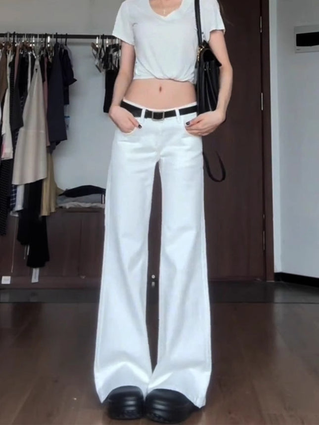 White Low-Rise Flared Jeans for Women 2025 Autumn New Petite Slimming Bell-Bottom Floor-Length Pants