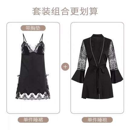 2026 New Sexy High-End Dress, Ice Silk Nightgown, Lace Dress with Straps, V-Neck Nightgown with Chest Pads