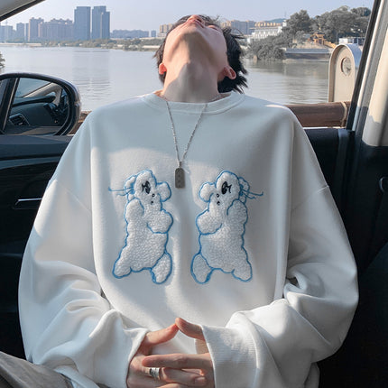 2025 Autumn New Men's Sweatshirt Hong Kong Style Dog Embroidery Cotton Oversized Sweatshirt Men's Loose Long Sleeve Top