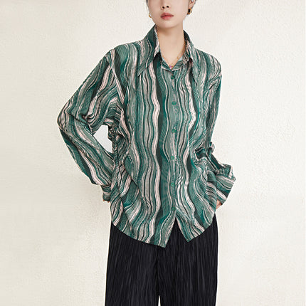French Retro Green Long-sleeved Shirt Women's 2025 Pleated New Design Sense Shirt Niche No-bump Top