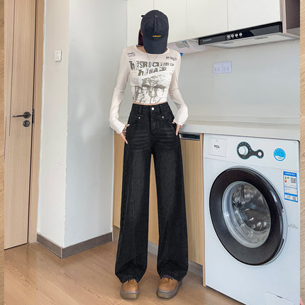 Autumn 2024 New High Waist Wide Leg Jeans Loose All-match Design Sense Dark Dash Wide Leg Long Pants