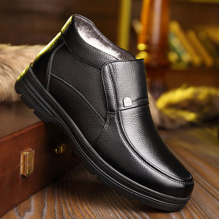 Men's Winter Warm fleece-lined Thickened High-top Leather Shoes Leather Casual Middle-aged and Elderly Dad Shoes