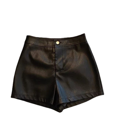 2023 autumn and winter chubby girl black new leather shorts slimming PU shorts high waist casual bottoming outer wear boots pants