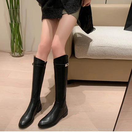 Grape Mom 2024 with Thick Bottom Lock Buckle Long Boots Women's Autumn and Winter Flat Knights Boots New But Knee High Boots