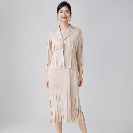 Women's Elegant Fashion Suit Women's High-End Tassel Sleeveless Dress Cardigan Shawl Jacket Miyake Two-Piece Spring Set