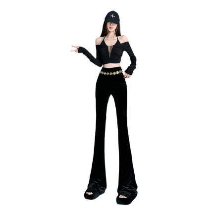 Cross-border high-grade velvet micro-pants women's 2024 autumn and winter new fashion chain high waist slim long drooping pants