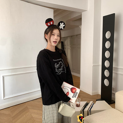 Baishi Wang Scrub Hand-painted Dog Brushed Cotton T-shirt Women's Spring Top Loose All-match Raglan Sleeve Base Shirt