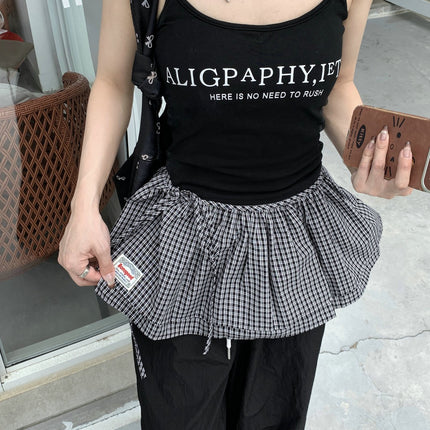 2025 Spring New Blue Plaid Lace-up Fart Curtain Women's Korean-style Retro All-match One-piece Decorative Half-length Skirt