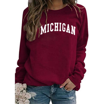 Cross-border supply of European and American foreign trade MICHIGAN printed crew neck sweater top women's coat autumn and winter European size