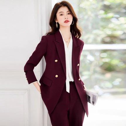 Double-Breasted Suit Set for Women, Autumn and Winter New Style, Korean Fashion, Casual, Professional Attire, Slim Fit, White-Collar Business Long-Sleeve Suit