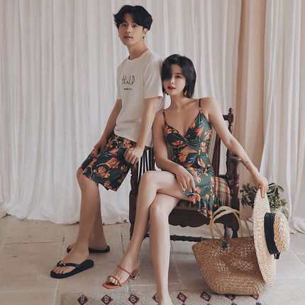 2025 Retro Green Couple Swimsuit New One-Piece Conservative Belly-Covering Slimming Look Seaside Vacation Beach Hot Spring Swimsuit for Women