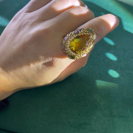 Full-Encrusted Open-Ended Color-Changing Heart-Shaped Sudanite Index Finger Ring, Rose Gold Personalized Trendy Gemstone Jewelry