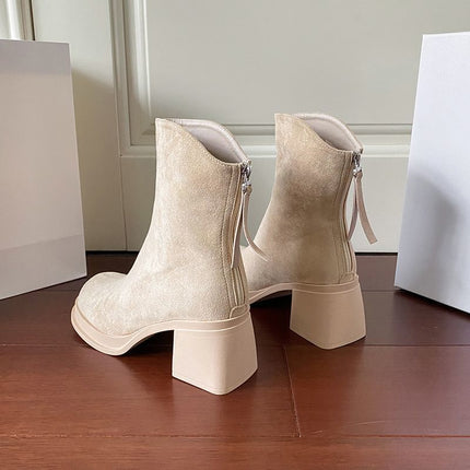 Slim and Good-Looking Velvet Short Boots for Women 2025 New Autumn and Winter Thick Heel High Heel Boots Suede Waterproof Platform Boots