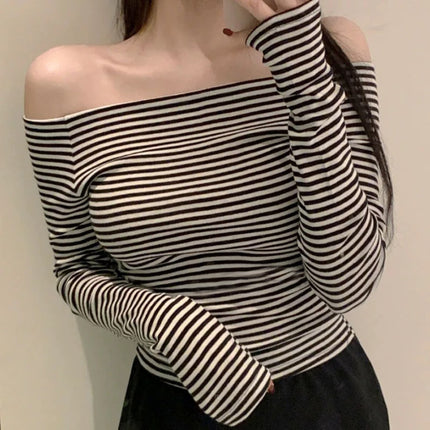 South Korea Dongdaemun New Products Recommend Good Goods Sexy Shoulder Stripe Slimming Comfortable Long Sleeve T-Shirt