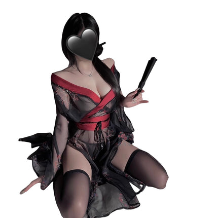 Floral Lingerie Uniform Pure Desire No Need to Take Off Printed Black Japanese Kimono Clothing Set Women A520 Erotic Kimono