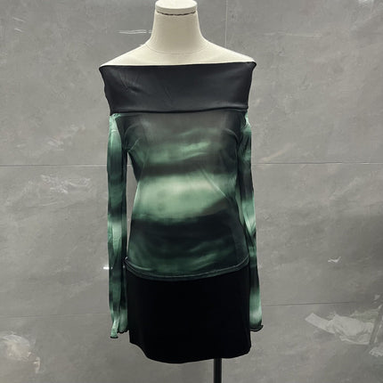 Trendy and Versatile Short Crop Top with Tie-Dye Mesh and One-Shoulder Long Sleeves for Women, Featuring a Pure and Desirable Style
