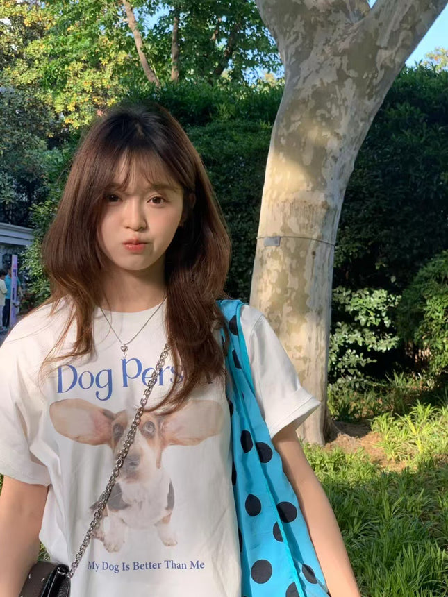 Korean Style Lazy and Cute Dog Print T-Shirt Short-Sleeved Women's 2025 Summer White Niche Round Neck Loose Top