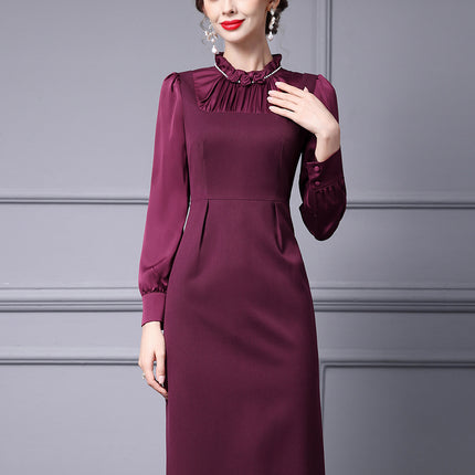 Zhili Spring Collection Women's Long Sleeve High-End Wine Red Floral Slim Fit Dress 2026 New Model