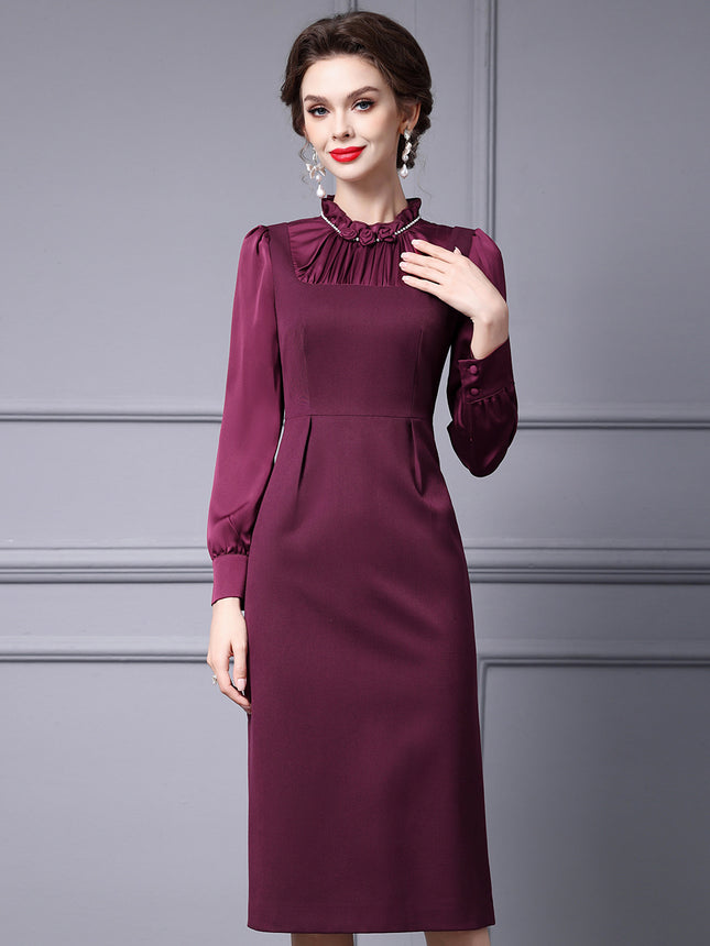 Zhili Spring Collection Women's Long Sleeve High-End Wine Red Floral Slim Fit Dress 2026 New Model