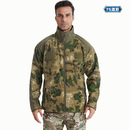 Autumn and Winter Camouflage Outdoor Men's Stand-Collar Fleece Jacket with Magic Chest Patch, Tactical Outdoor Sports Thickened Warm Clothing