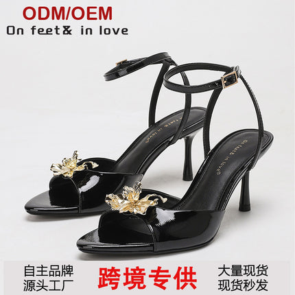 Casual One-Line Strap 2025 Summer New Metal Flower Sexy Open-Toe Women's Stiletto High-Heeled Casual Sandals