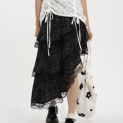 Yamamoto Summer French Style Irregular Wave Dot Skirt High Waist Lace Slant Hem Design Midi Dress